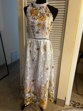 White Lace Floral Halter Midi Dress with Yellow & Purple Flowers